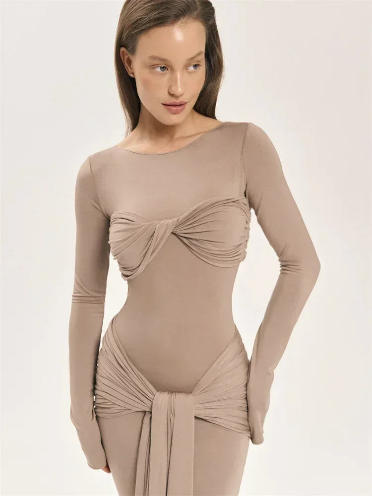 Vestido maxi sexy plisado para mujer de Tossy con retazos y manga larga ajustada