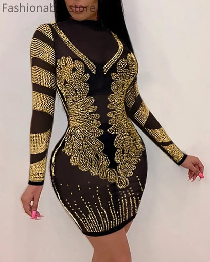Vestido sexy de fiesta ajustado con diseño de diamantes de imitación y malla transparente de color sólido para mujer