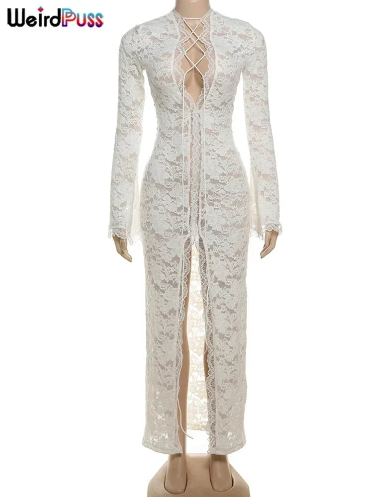 Vestido con volantes y bordado de gatitos extraños para mujer, sexy, escote en V profundo, aberturas transparentes