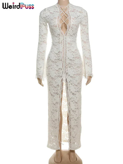 Vestido con volantes y bordado de gatitos extraños para mujer, sexy, escote en V profundo, aberturas transparentes