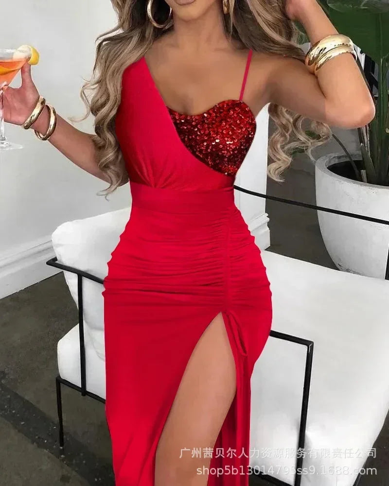 Vestido halter de lúrex con purpurina para mujer, corte entallado, abertura alta, cadena metálica, hasta media pantorrilla, primavera y verano