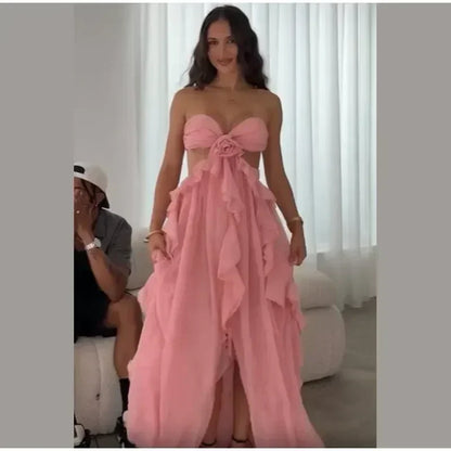 時尚女士春季鏤空3D花朵荷葉邊長裙