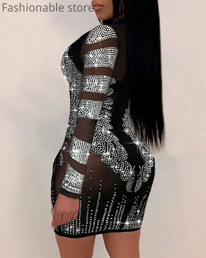 Vestido sexy de fiesta ajustado con diseño de diamantes de imitación y malla transparente de color sólido para mujer