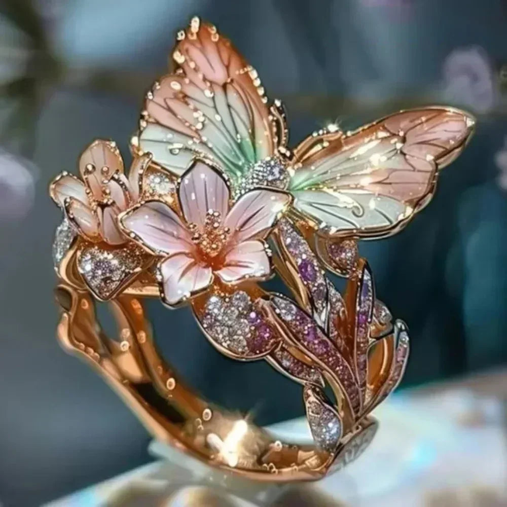 Anillos estéticos de flores y mariposas para mujer, románticos, con diamantes de imitación, elegantes, que no se decoloran, joyería de boda para mujer, regalo de fiesta