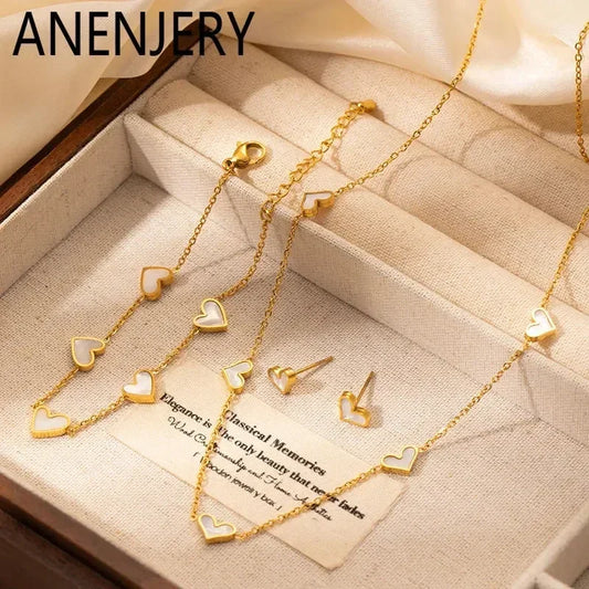 ANENJERY - Collar, pulsera y pendientes de acero inoxidable 316L con forma de corazón y concha para mujeres y niñas, conjunto de joyería sencilla de moda, regalos al por mayor