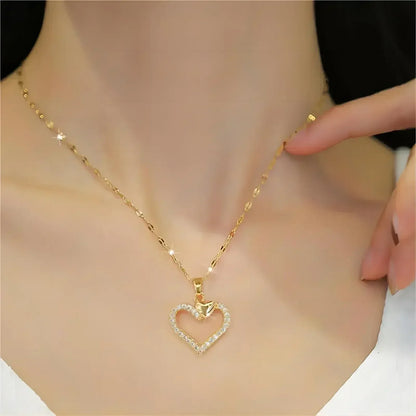 Collar de acero inoxidable con circonitas y forma de corazón para mujer y niña, moderno collar de metal dorado, ideal para fiestas, cumpleaños y uso diario.