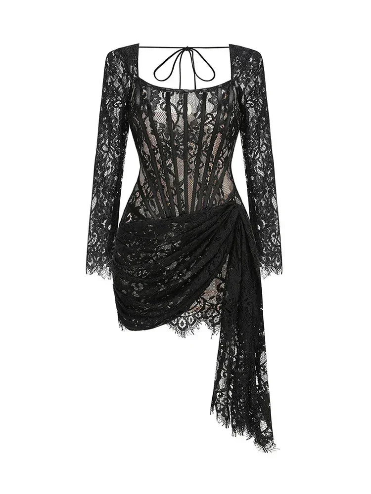性感蕾絲透視拼接緊身胸衣連身裙