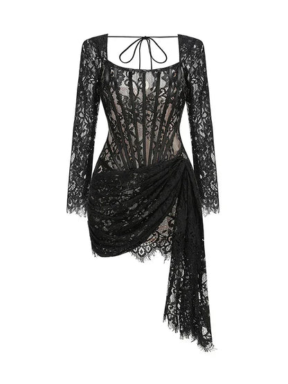 性感蕾絲透視拼接緊身胸衣連身裙