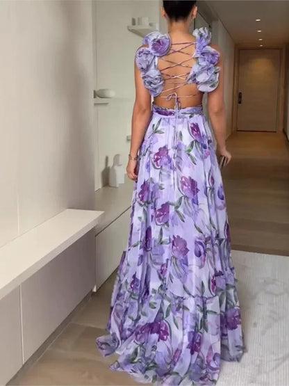 印花雪紡長裙 夏季時尚 優雅V領 荷葉邊