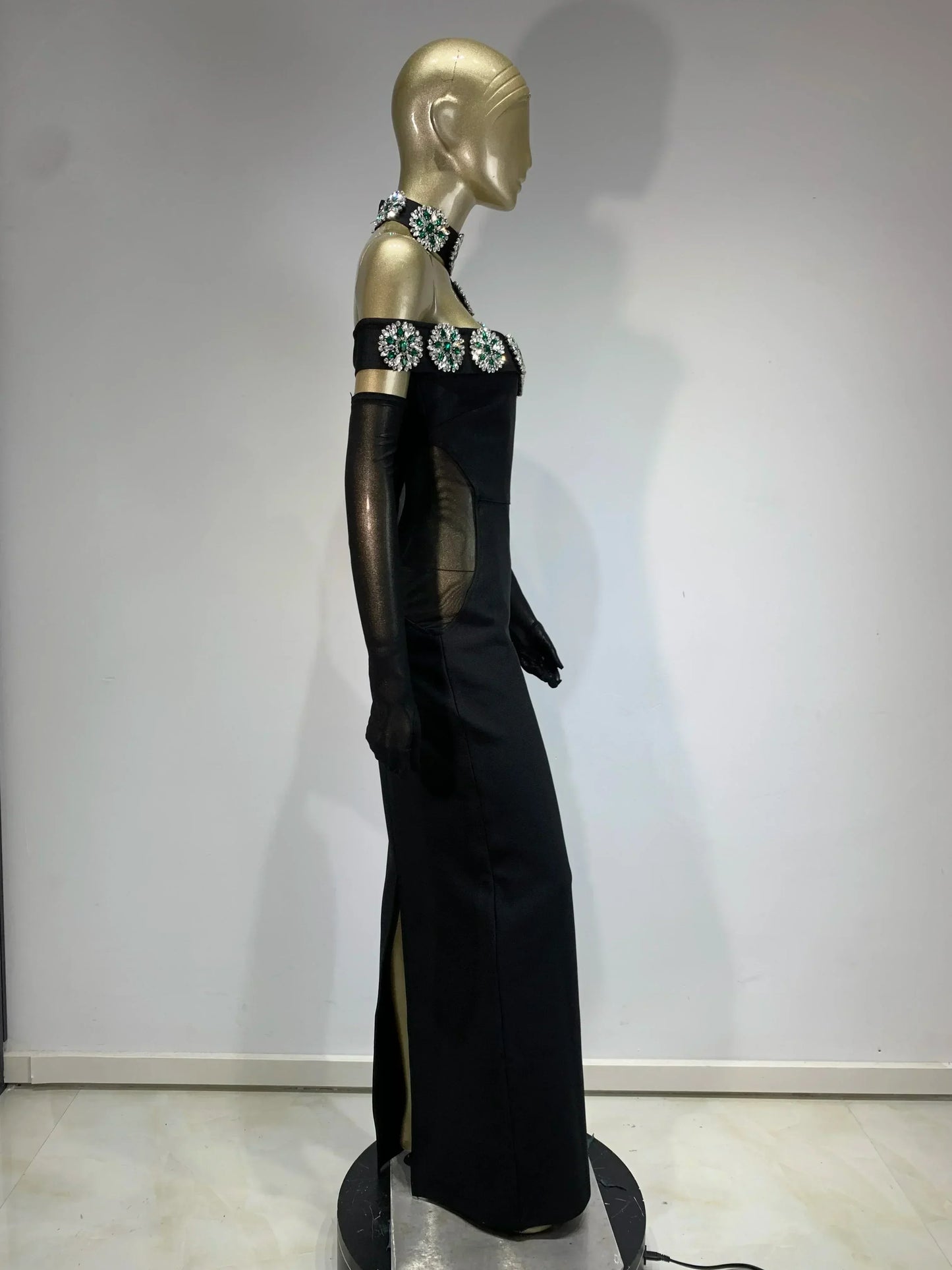 繃帶連身裙 明星性感鑽石水晶黑色長緊身連身裙