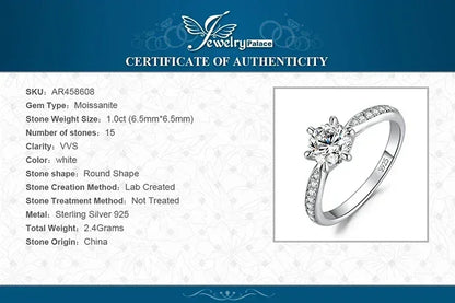 Anillo de compromiso de boda en plata de ley S925 con moissanita color D de JewelryPalace, redondo, 0,5 ct, 1 ct, 1,5 ct, 2 ct y 3 ct, para mujer