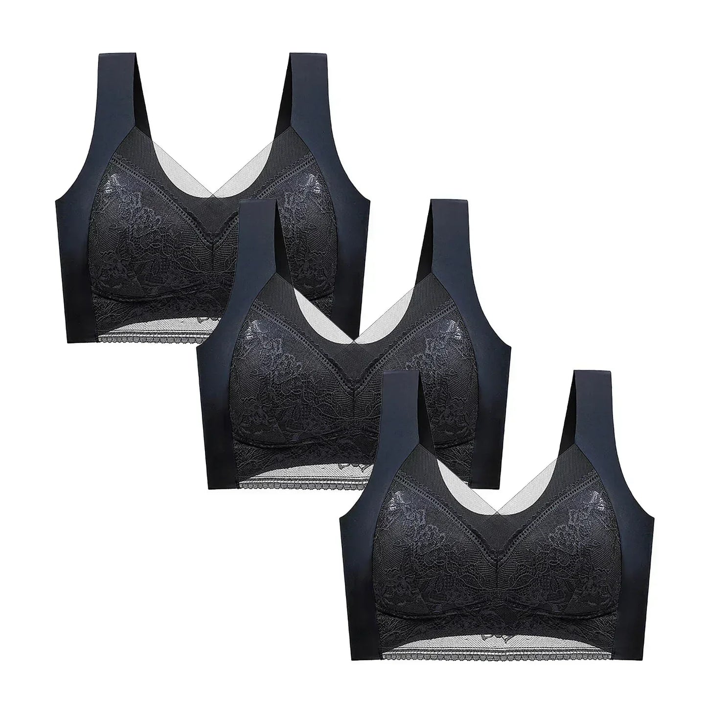 FallSweet - Conjunto de 3 sujetadores push-up de encaje para mujer, sin aros, de seda helada, con escote en V profundo, lencería femenina, ropa interior para mamá, tallas L-5XL