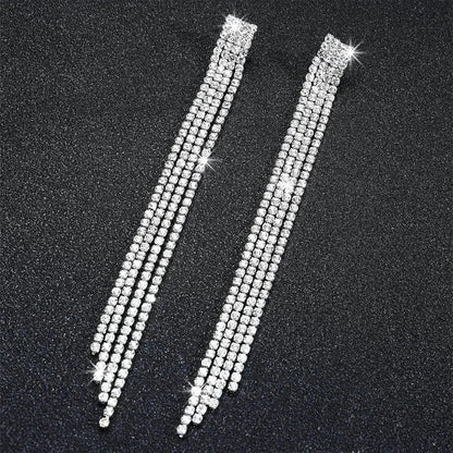 Pendientes largos con borlas de cristal y diamantes de imitación brillantes de 4 líneas TREAZY para mujer, pendientes colgantes para bodas y fiestas, pendientes de novia