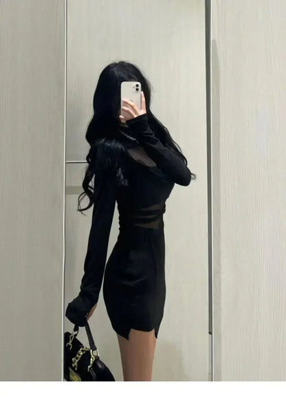 疊袖新款性感黑色魚骨連身裙