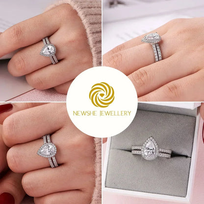 Anillo de compromiso Newshe de 2 piezas con forma de lágrima para mujer, de plata 925, con circonitas cúbicas de alta calidad.