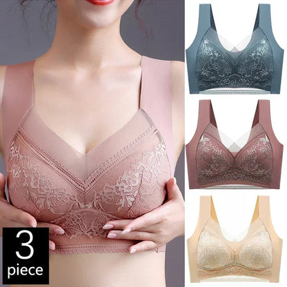 FallSweet - Conjunto de 3 sujetadores push-up de encaje para mujer, sin aros, de seda helada, con escote en V profundo, lencería femenina, ropa interior para mamá, tallas L-5XL