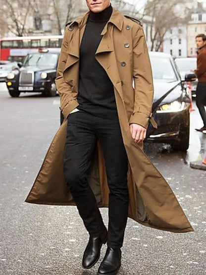 Men's Long Streetwear Trench Coat with Epaulets (Khaki)