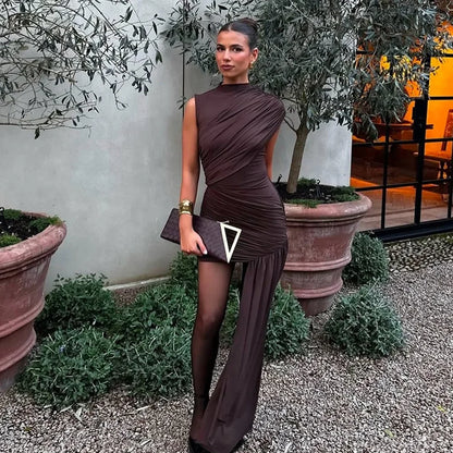 Vestido mini plisado irregular | Vestido urbano con borlas en el dobladillo