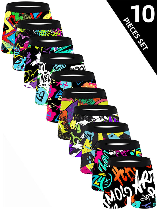 10條裝男士內褲，柔軟舒適寬鬆親膚男士長款平口內褲，時尚多彩男士褲子