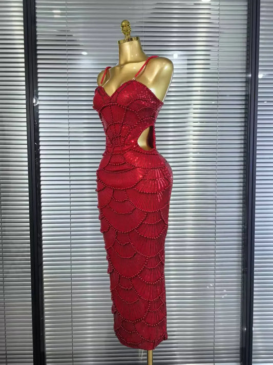 珍珠串珠聖誕洋裝 | 無袖緊身派對禮服 - Femstylo