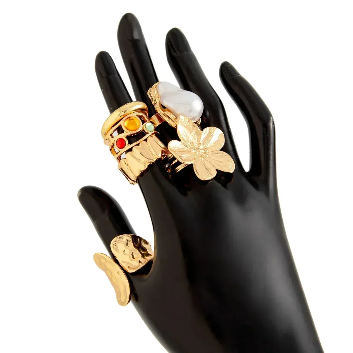 Ingemark 2025 - Anillos abiertos de metal con flores irregulares y exageradas para mujer, elegantes anillos de perlas de imitación barrocas, accesorios de joyería