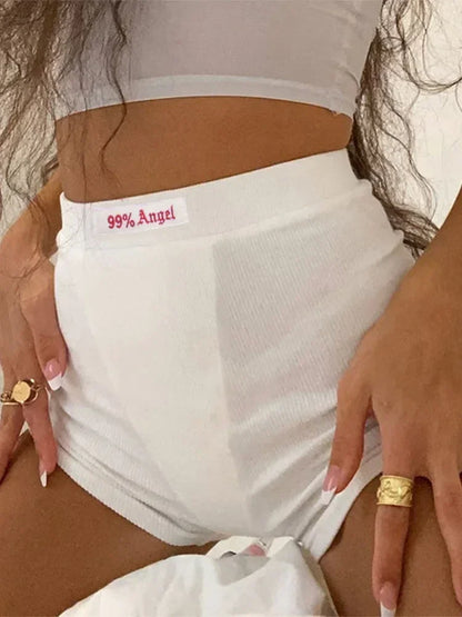 夏季白色字母刺繡騎行短褲 女式羅紋針織黑色高腰休閒街頭風短褲