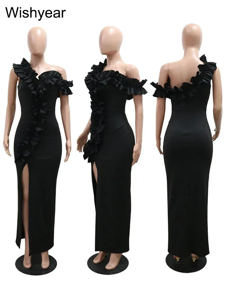 Bodycon sin mangas con hombros descubiertos y borde de orejas de madera con volantes