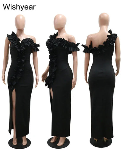 Bodycon sin mangas con hombros descubiertos y borde de orejas de madera con volantes