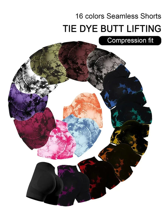 2024夏季新款16色性感紮染短褲 女士健身無縫提臀連身運動短褲 跑步戶外運動服