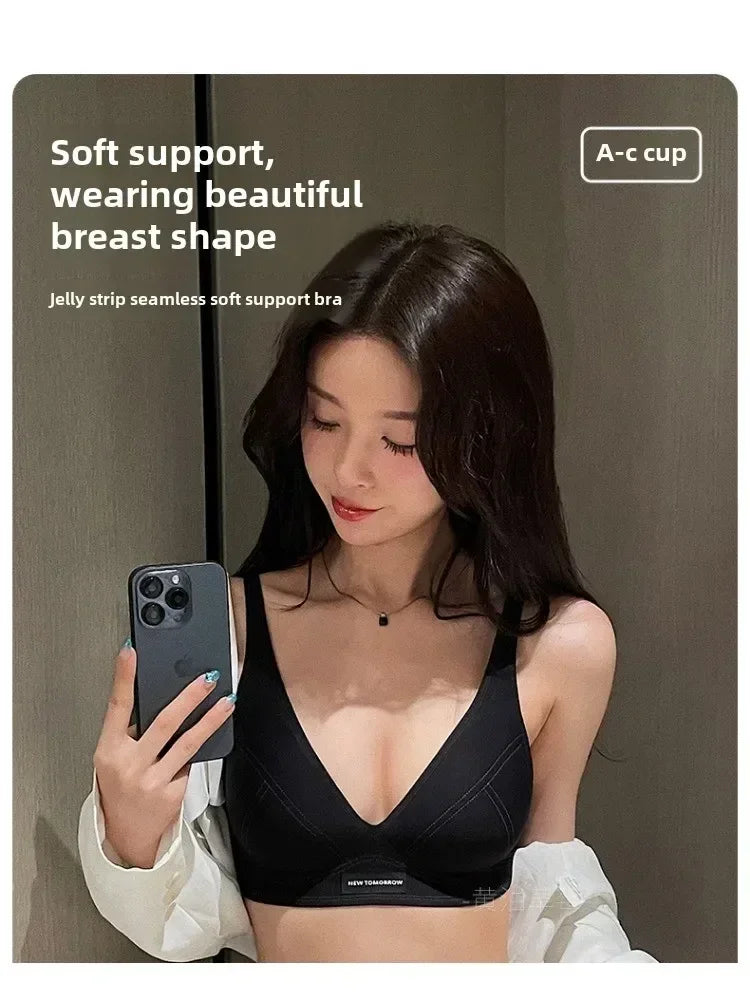 MOYISU Lencería de verano para mujer, sujetador pequeño sin aros, sin costuras, con barra de gelatina, soporte suave, espalda plegada