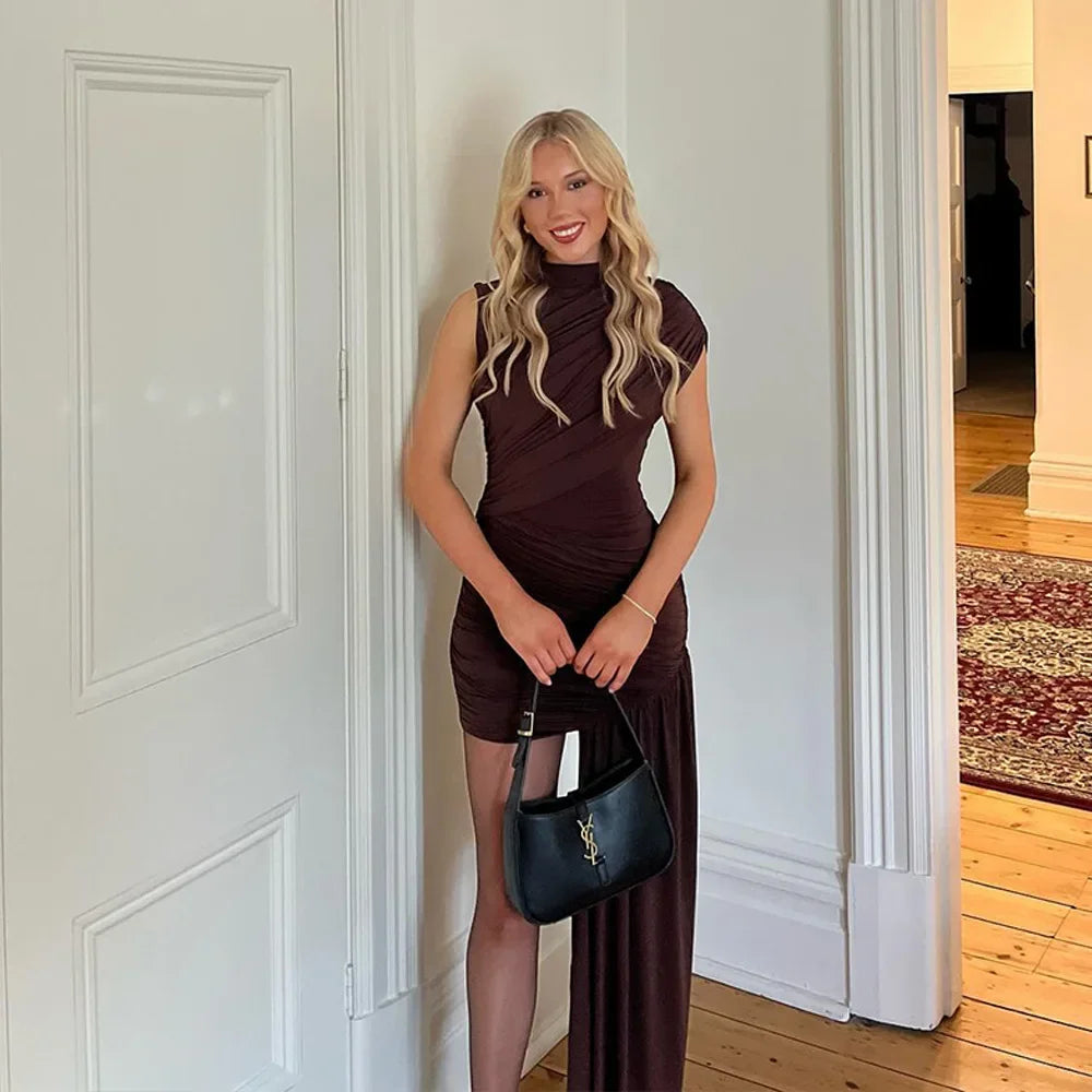 Vestido mini plisado irregular | Vestido urbano con borlas en el dobladillo