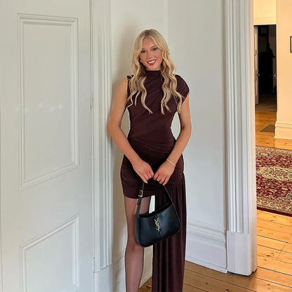 Vestido mini plisado irregular | Vestido urbano con borlas en el dobladillo