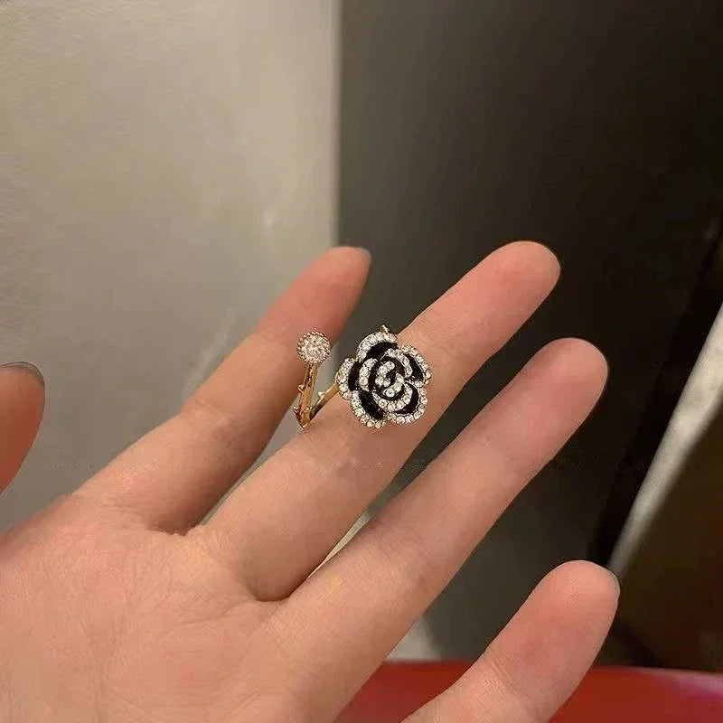 Anillos de apertura de metal con forma de rosa negra para mujer y niña, de lujo, con circonitas ajustables para el dedo índice, joyería para fiesta.
