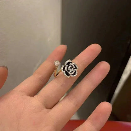 Anillos de apertura de metal con forma de rosa negra para mujer y niña, de lujo, con circonitas ajustables para el dedo índice, joyería para fiesta.