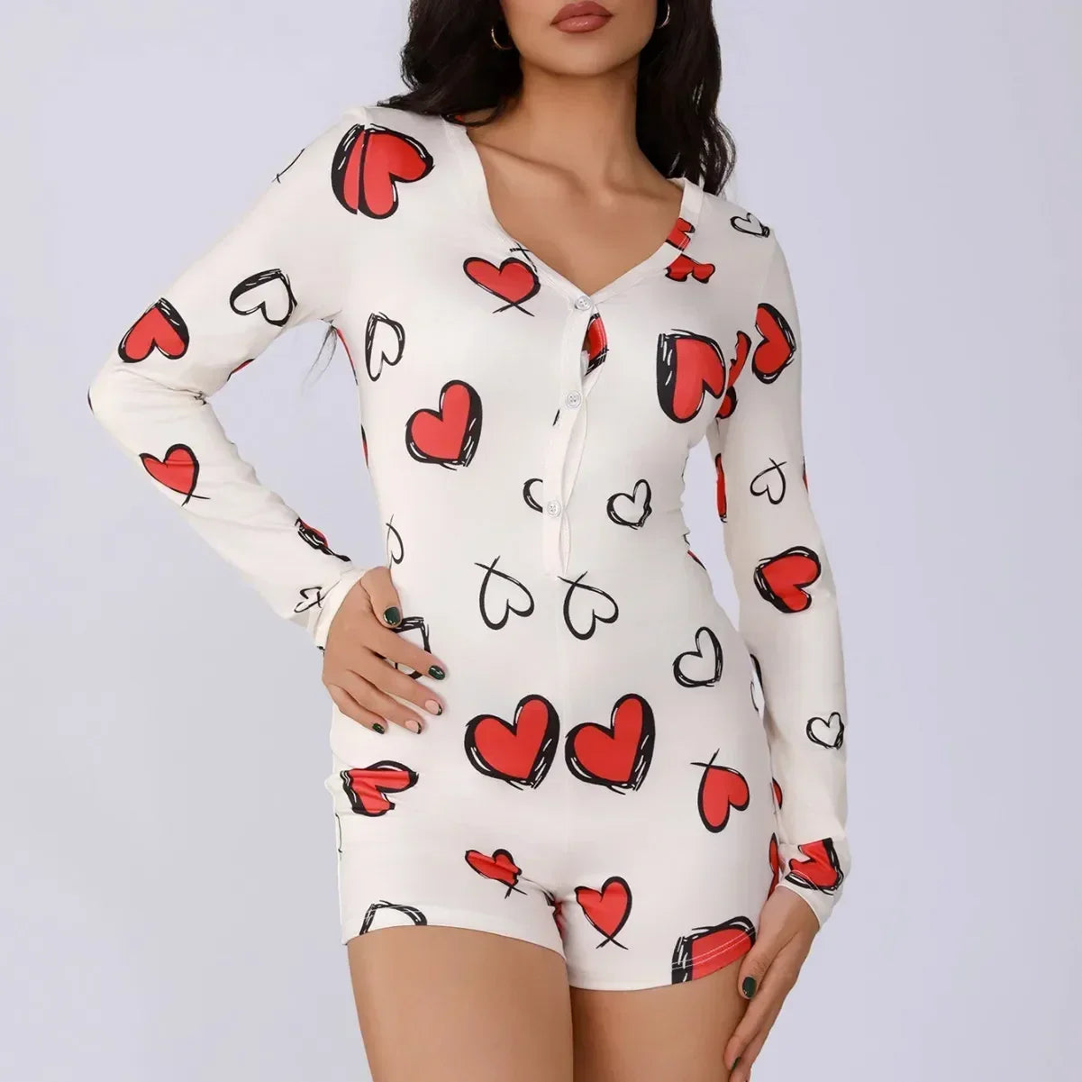 Body de una pieza para mujer, pijama sexy de chica sexy con estampado digital de corazón, conjunto de manga corta, pantalones cortos, ropa para el hogar