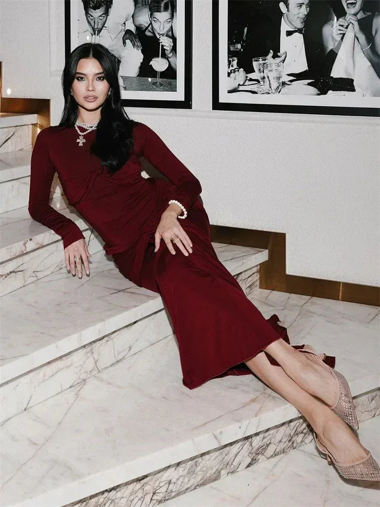 Vestido maxi sexy plisado para mujer de Tossy con retazos y manga larga ajustada