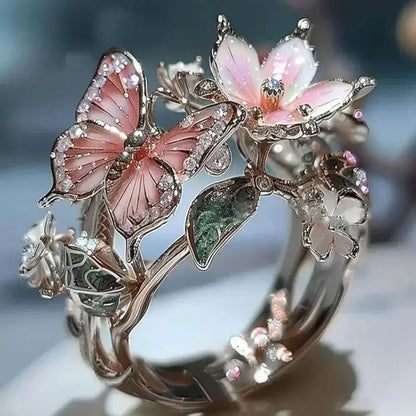 Anillos estéticos de flores y mariposas para mujer, románticos, con diamantes de imitación, elegantes, que no se decoloran, joyería de boda para mujer, regalo de fiesta