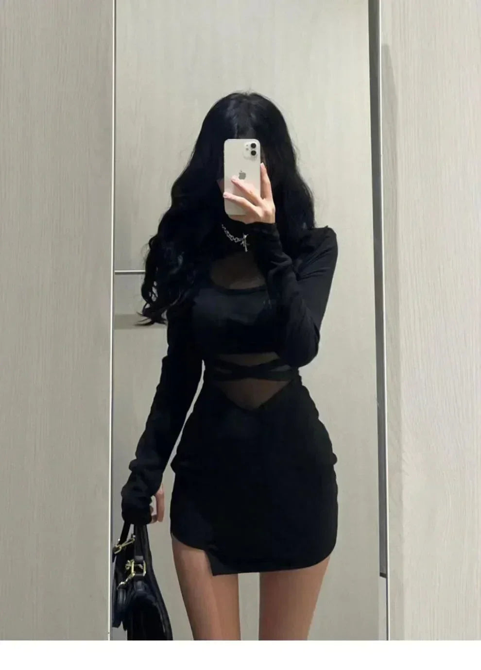 疊袖新款性感黑色魚骨連身裙