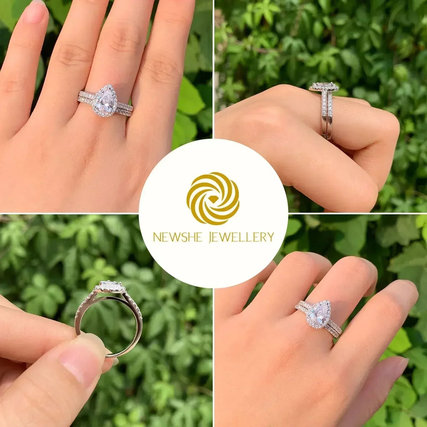 Anillo de compromiso Newshe de 2 piezas con forma de lágrima para mujer, de plata 925, con circonitas cúbicas de alta calidad.