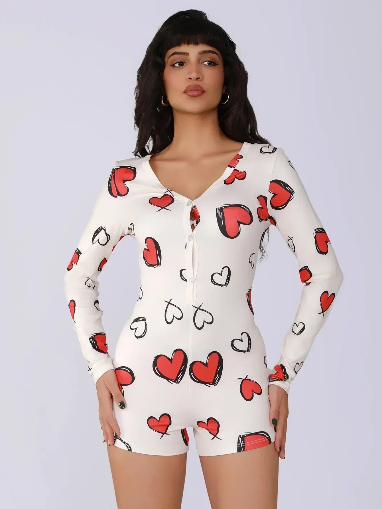 Body de una pieza para mujer, pijama sexy de chica sexy con estampado digital de corazón, conjunto de manga corta, pantalones cortos, ropa para el hogar