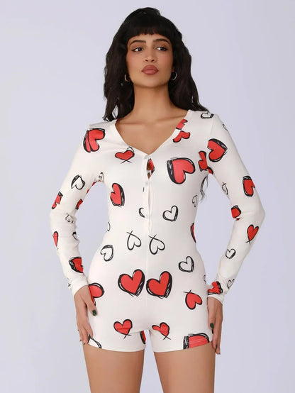 Body de una pieza para mujer, pijama sexy de chica sexy con estampado digital de corazón, conjunto de manga corta, pantalones cortos, ropa para el hogar