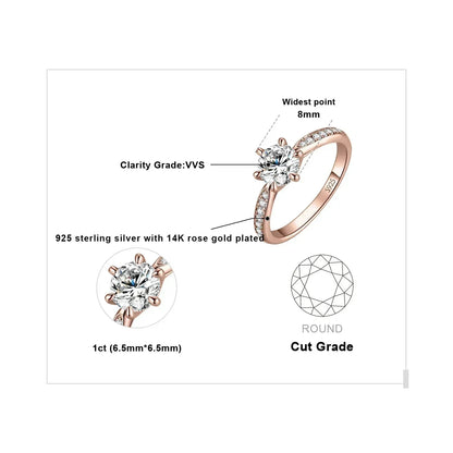 Anillo de compromiso de boda en plata de ley S925 con moissanita color D de JewelryPalace, redondo, 0,5 ct, 1 ct, 1,5 ct, 2 ct y 3 ct, para mujer