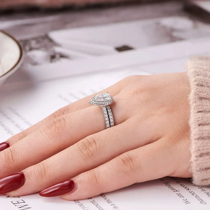 Anillo de compromiso Newshe de 2 piezas con forma de lágrima para mujer, de plata 925, con circonitas cúbicas de alta calidad.