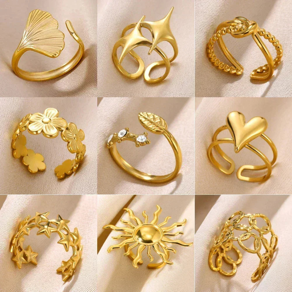 Anillos abiertos de acero inoxidable con forma de flor para mujer, joyería de moda para bodas, corazón, color dorado, anillo hueco geométrico, accesorios diarios, regalo