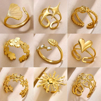 Anillos abiertos de acero inoxidable con forma de flor para mujer, joyería de moda para bodas, corazón, color dorado, anillo hueco geométrico, accesorios diarios, regalo