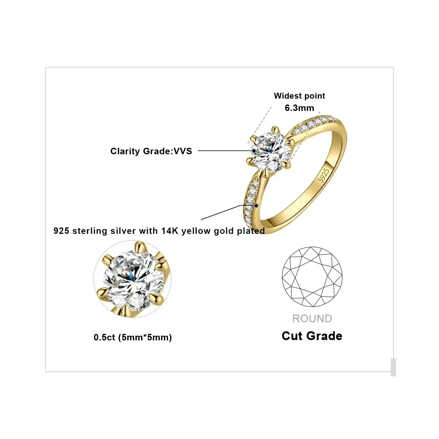 Anillo de compromiso de boda en plata de ley S925 con moissanita color D de JewelryPalace, redondo, 0,5 ct, 1 ct, 1,5 ct, 2 ct y 3 ct, para mujer