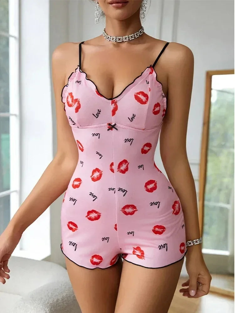 Pijama de una pieza para mujer, con estampado de labios rojos, sin mangas, corto, con tirantes y cuello en V, divertido