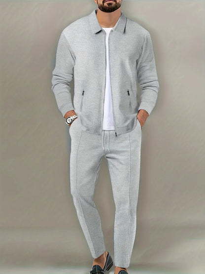 Men's Slim Fit Jacket with Zipper Pocket, Long Sleeved Sportswear, Cardigan Jacket Set, Long Pants, Elegant, two-Piece Set