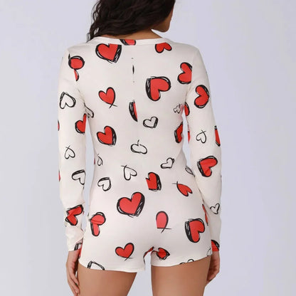 Body de una pieza para mujer, pijama sexy de chica sexy con estampado digital de corazón, conjunto de manga corta, pantalones cortos, ropa para el hogar