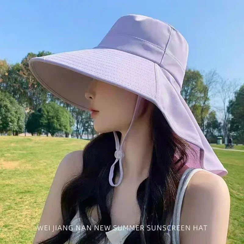 新款夏季馬尾帽，大帽簷遮陽帽，女士頸部保護漁夫帽，戶外帽